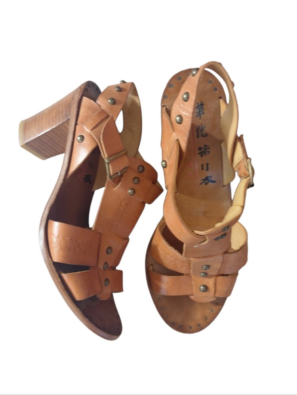 Yamazaki Cognac Studded Leather Strappy Block Heel Sandals Size 7.5